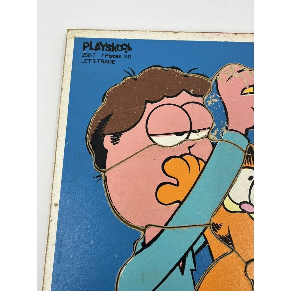 Vintage Garfield Playskool Wood Tray Puzzle Let's Trade 250-7 1978 Complete